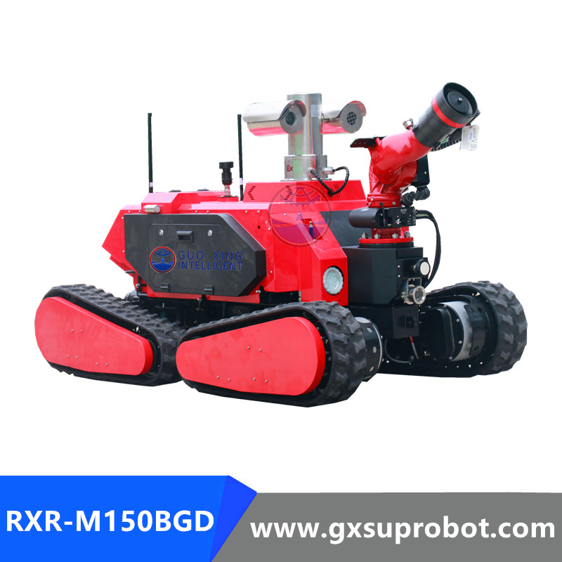 Emergency rescue firefighting robot ready for deployment on a hazardous fireground