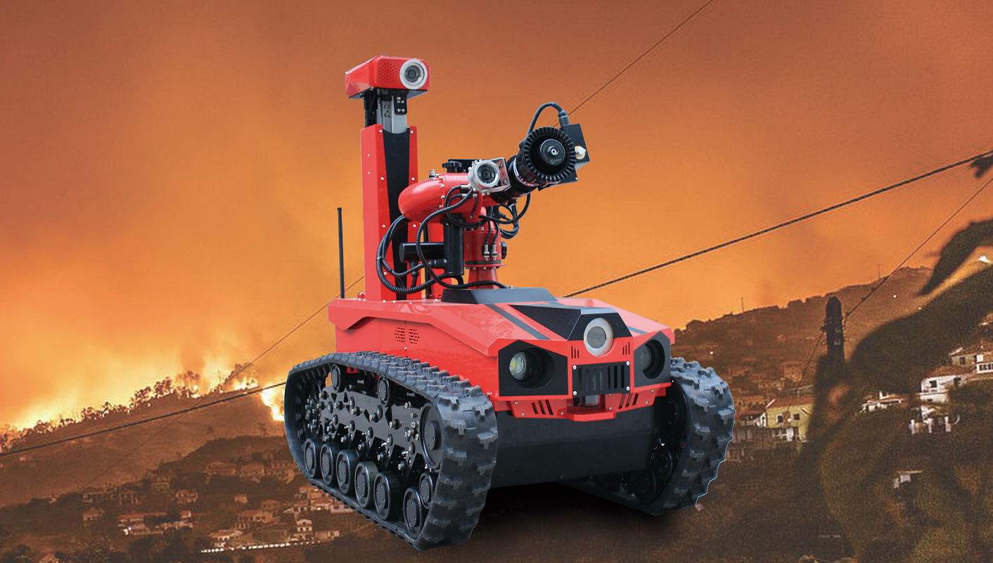 Industrial Firefighting Robot navigating hazardous terrain